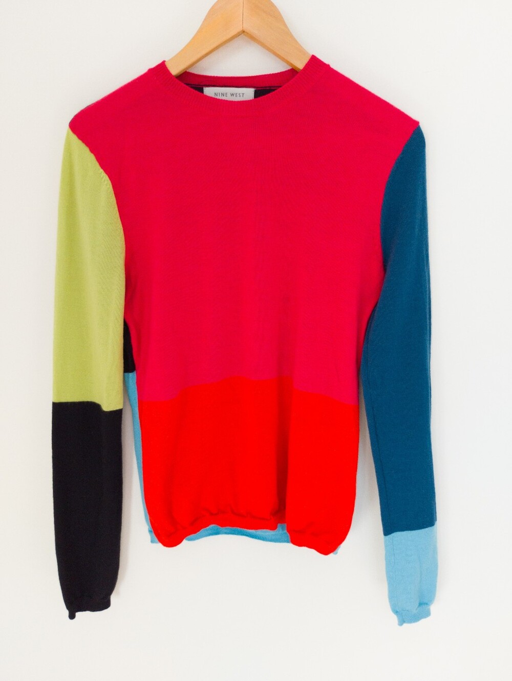 Nine West 100% Merino Wool Colorblock Pullover Sweater Size Medium Multi-Colour
